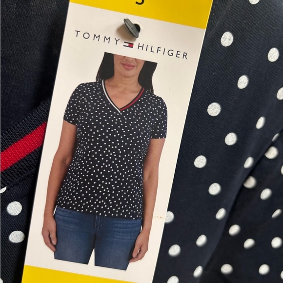 Tommy Hilfiger Navy and White Polka Dot V-Neck Casual Tee NWT Sz S New With tags - Picture 5 of 7